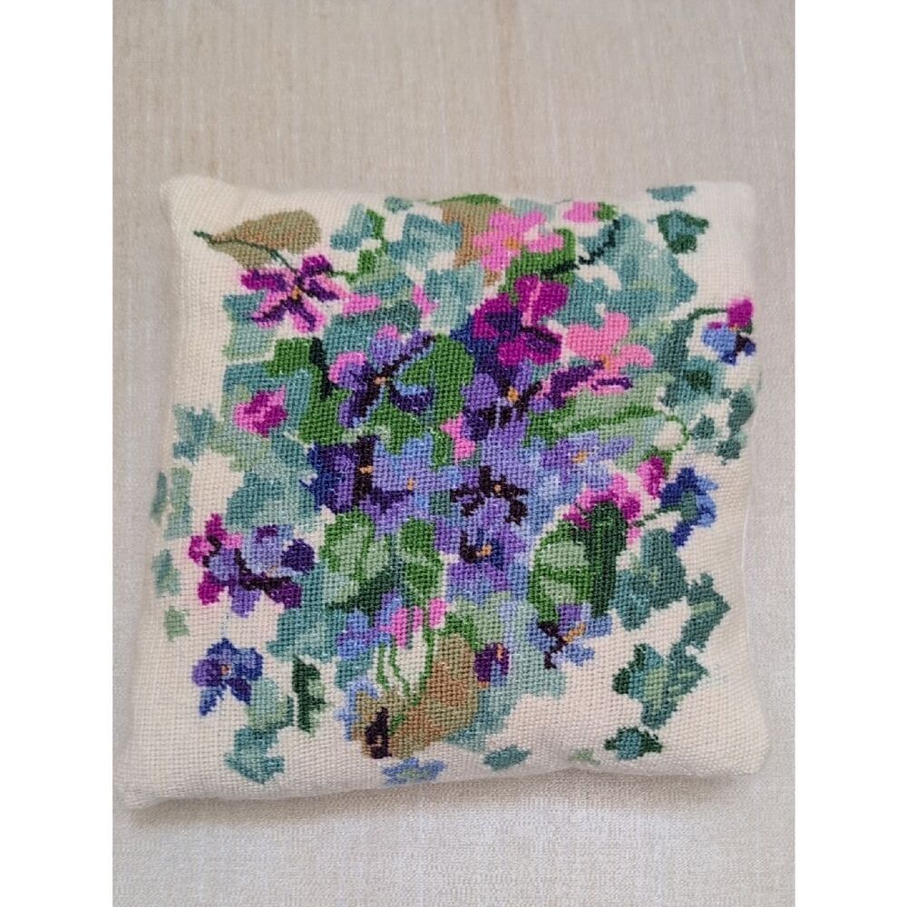 Vintage Floral Needlepoint Pillow - Purple, Pink & Green Violets